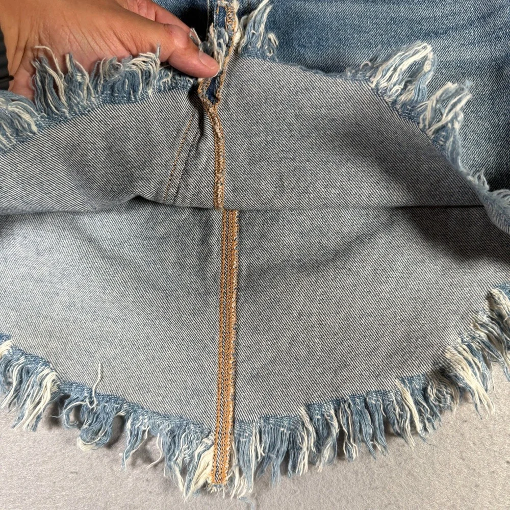 We The Free People Denim Mini Skirt Medium Wash Raw Frayed Tulip‎ Hem Size 26